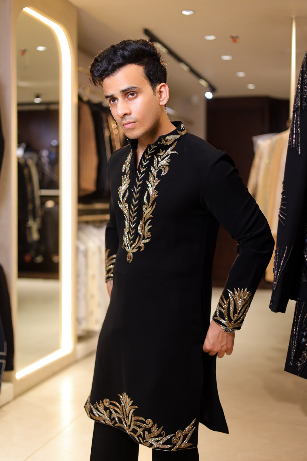 Designer Black Kurta with Gold Neck, Cuff & Border Embroidery | Men's Wedding & Party Wear