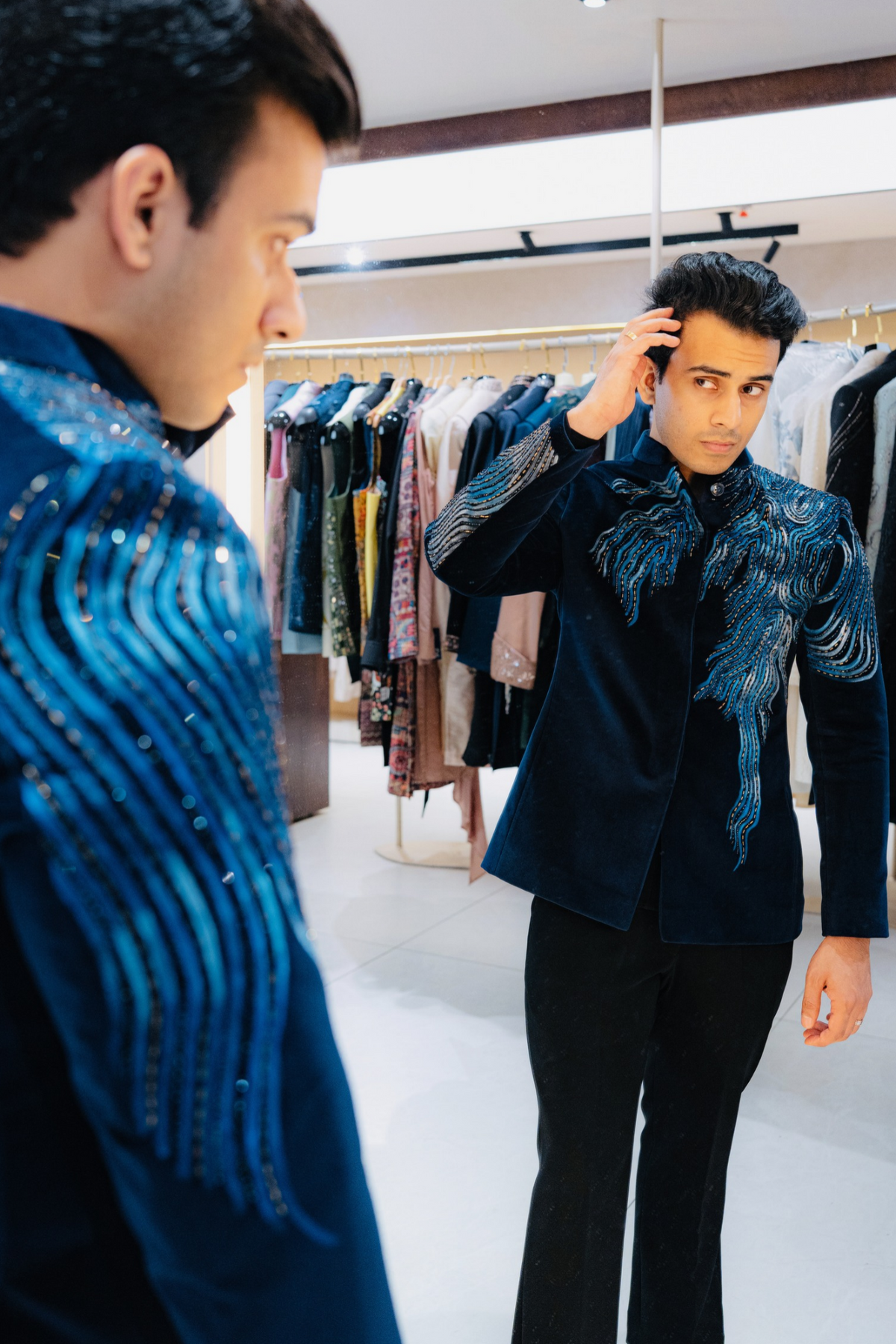 Midnight Navy Blue Hand-Embroidered Velvet Bandhgala Coat for Men | Royal Indo-Western Jodhpuri Blazer