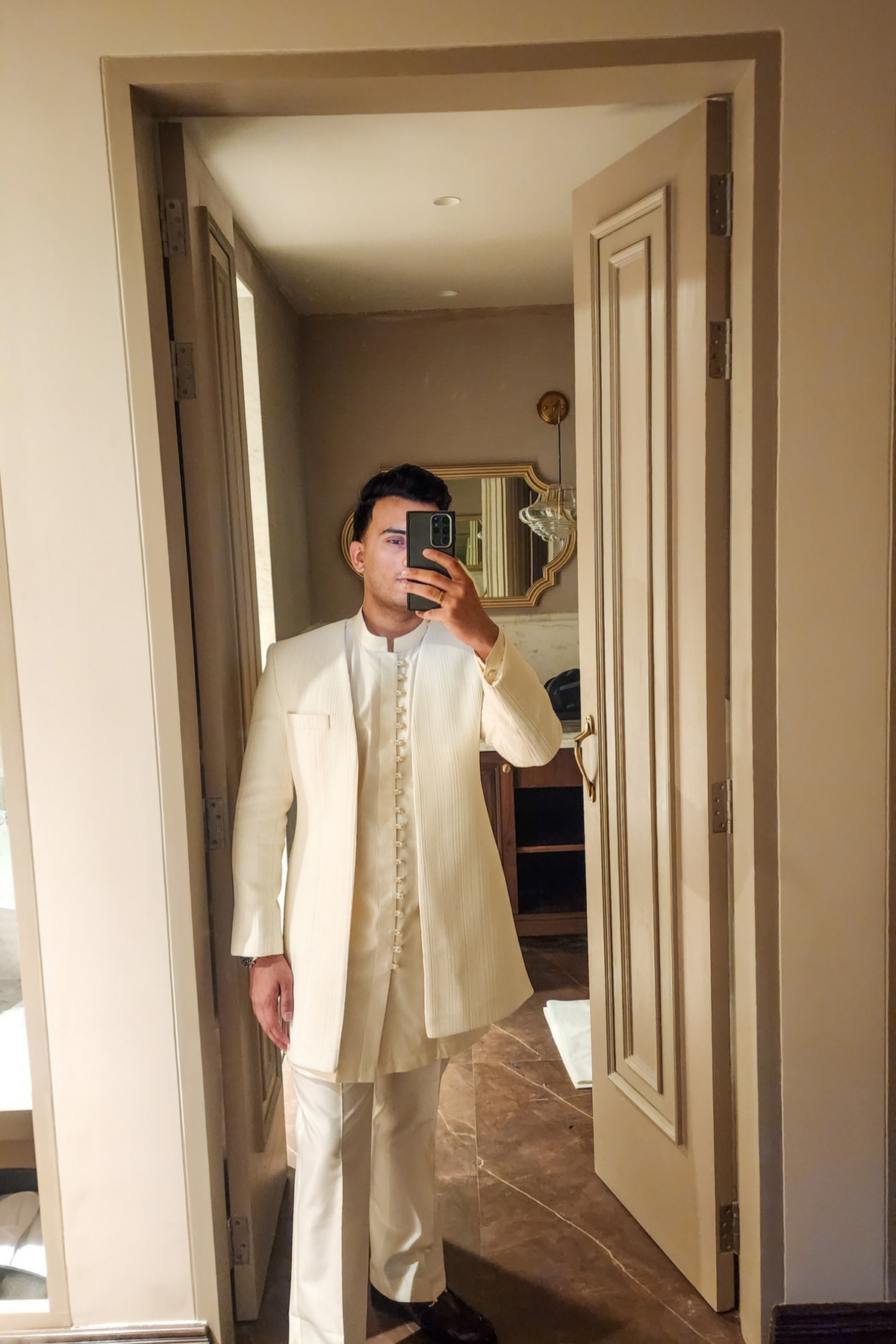 Ivory White Textured Long Achkan Sherwani Coat for Men | Modern Indo-Western Open-Front Prince Coat
