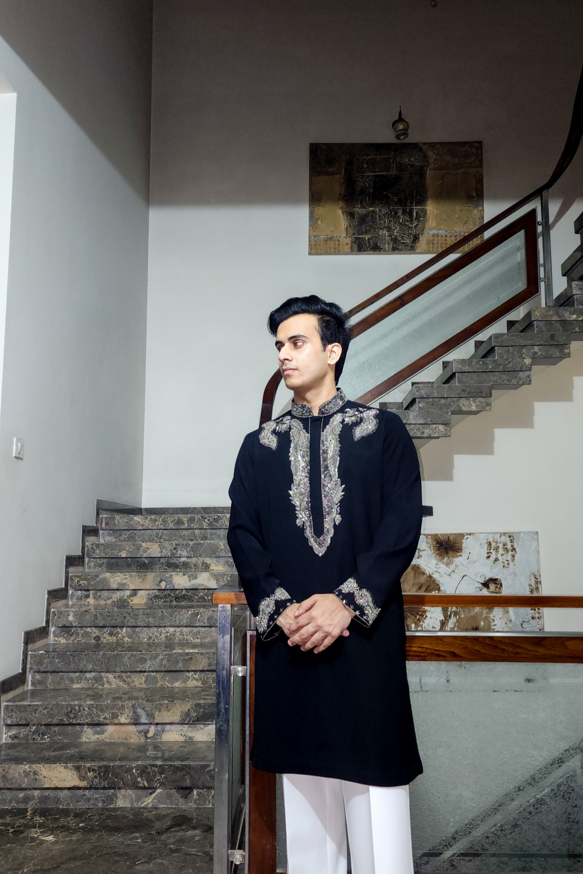 Black Hand-Embroidered Zardozi Kurta for Men | Antique Silver Work Designer Indo-Western Festive Kurta