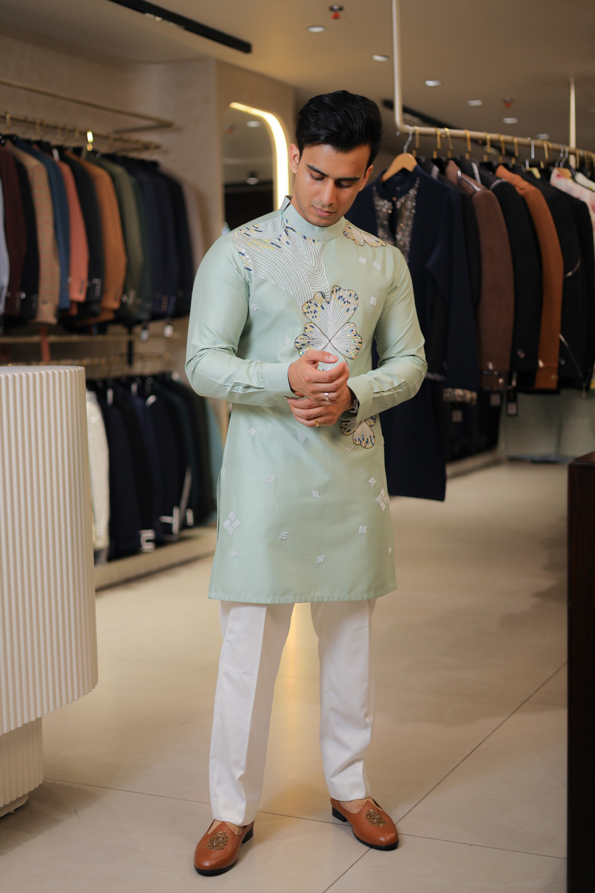Mint Green Embroidered Silk Kurta for Men | Contemporary Floral Motif Designer Indo-Western Kurta