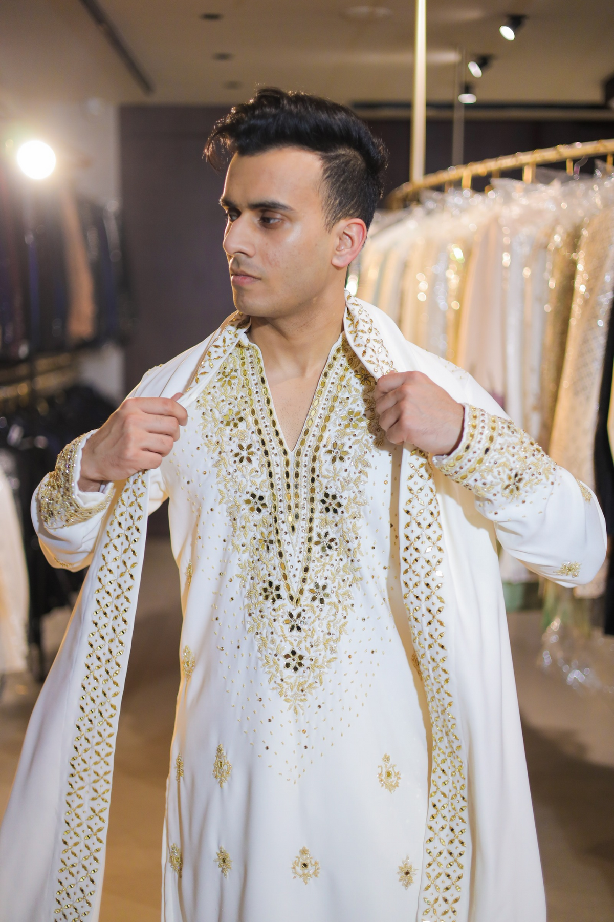 Ivory Georgette Mirror Work Kurta Set with Embroidered Stole for Men | Royal Designer Groom Indo-Western Outfit
