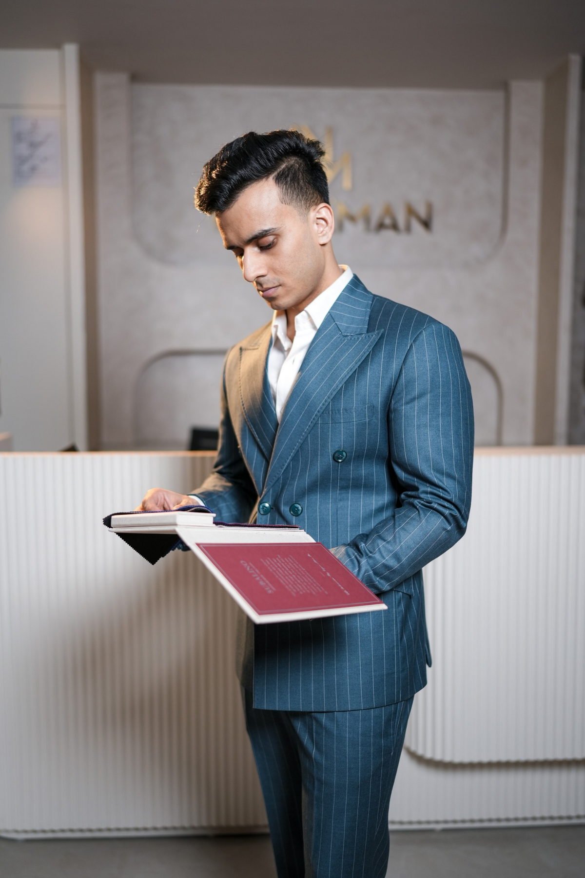 Teal Blue Pinstripe Double-Breasted Suit Blazer for Men | Peak Lapel Designer Formal Coat
