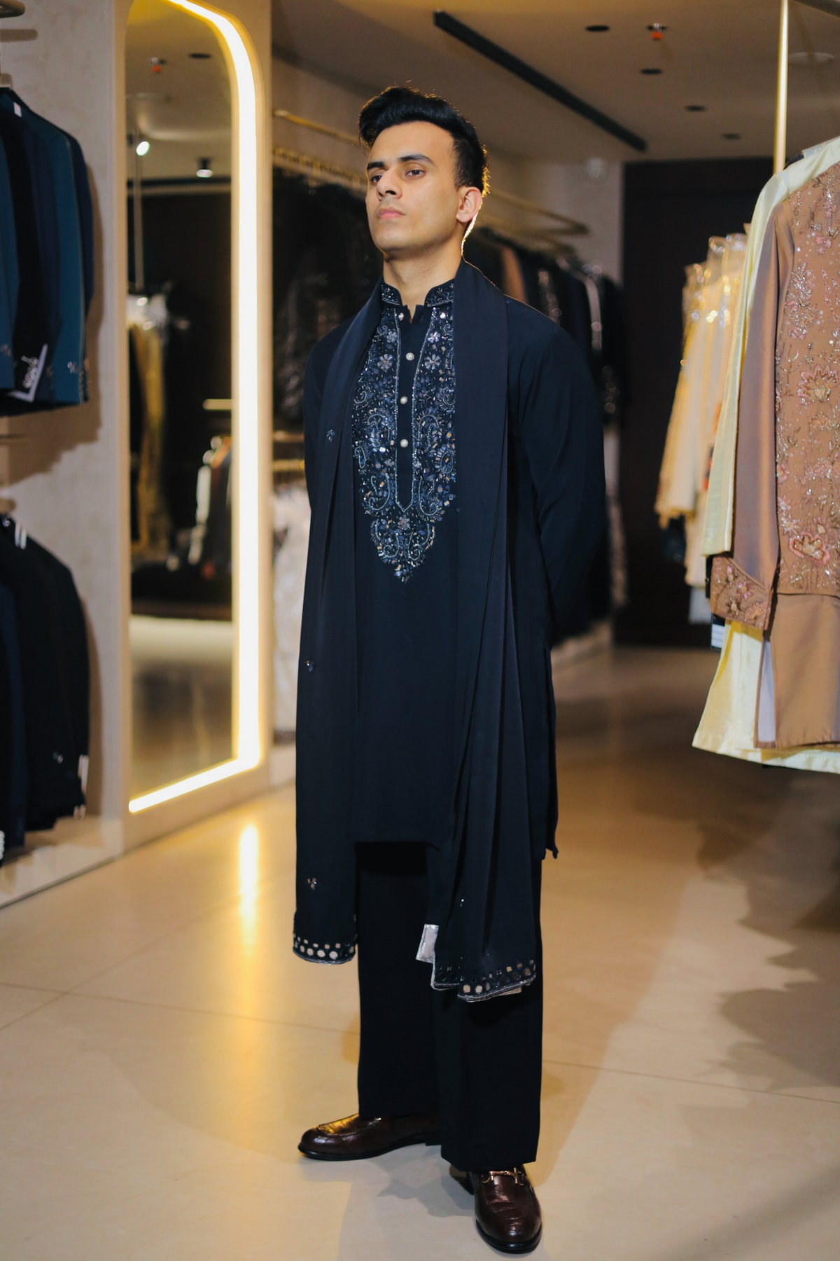 Midnight Black Embroidered Kurta Set with Mirror Border Stole for Men | Designer Indo-Western Festive Kurta