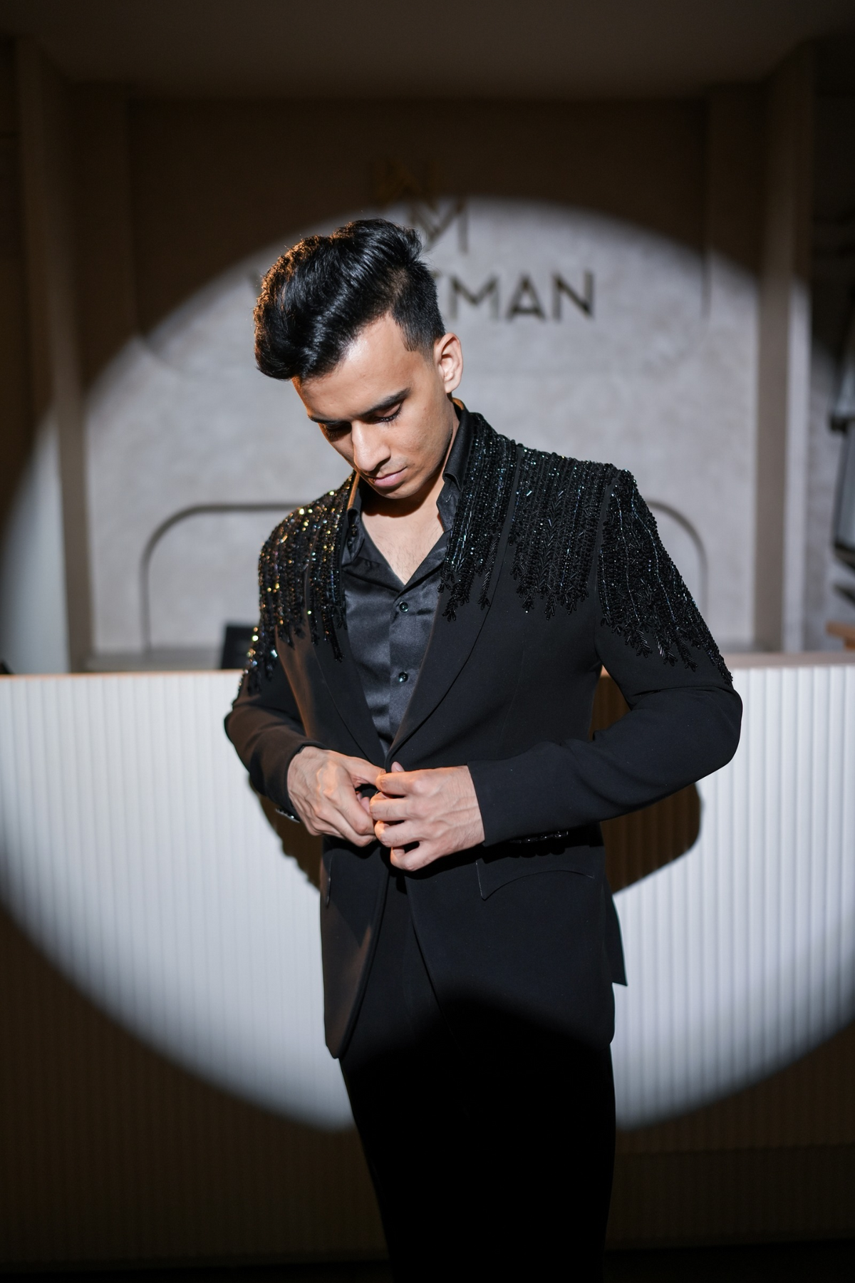 Black Sequin & Cutdana Tassel Embroidered Tuxedo Blazer Coat for Men | Luxury Designer Indo-Western Party Suit Jacket