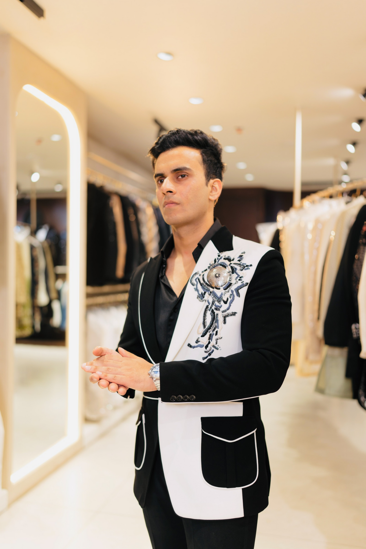 Monochrome Black & White Colorblocked Embroidered Tuxedo Blazer Coat for Men