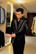 Black Geometric Linear Embroidered Tuxedo Blazer Coat for Men