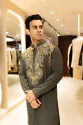 Olive Green Hand-Embroidered Zardozi Kurta for Men