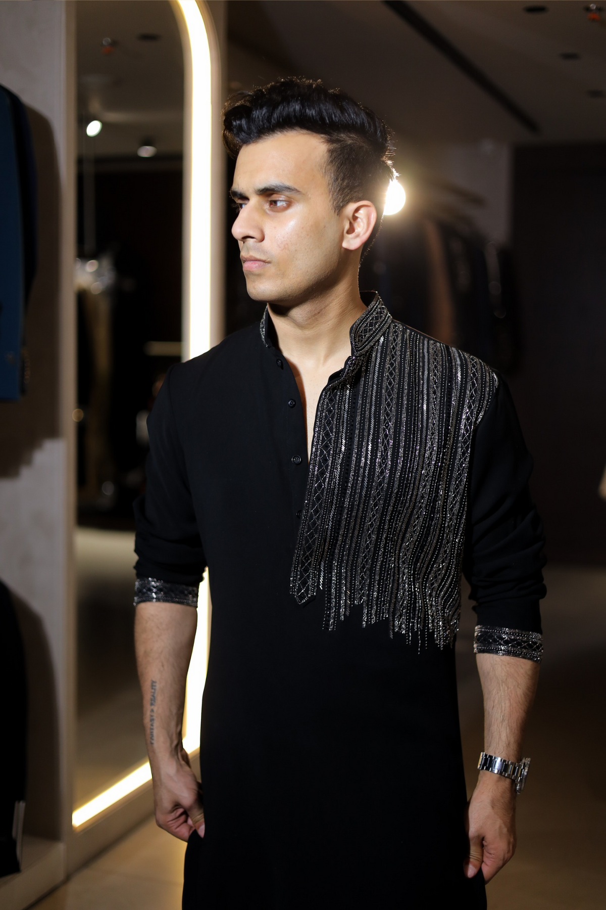 Jet Black Asymmetric Cutdana Embroidered Kurta for Men
