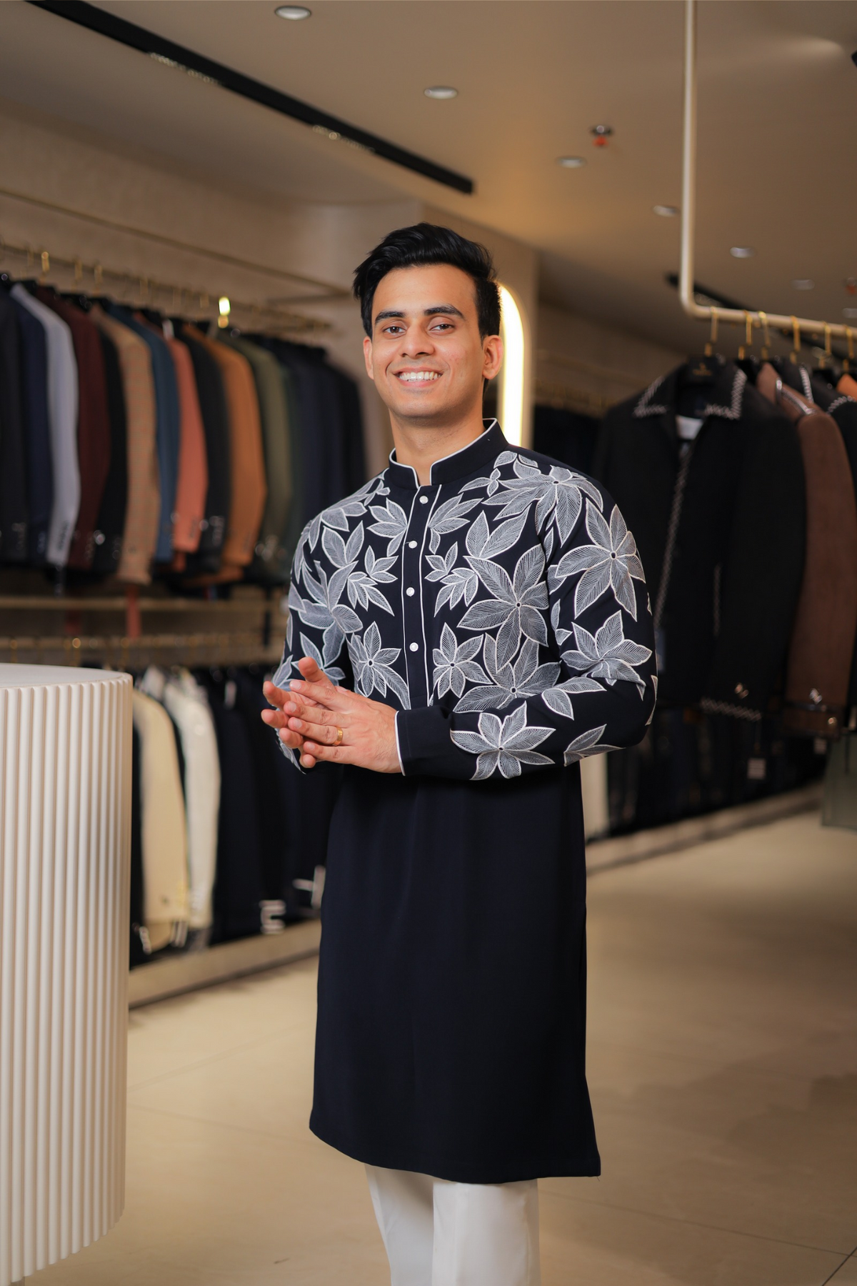 Black & White Thread Embroidered Floral Kurta for Men