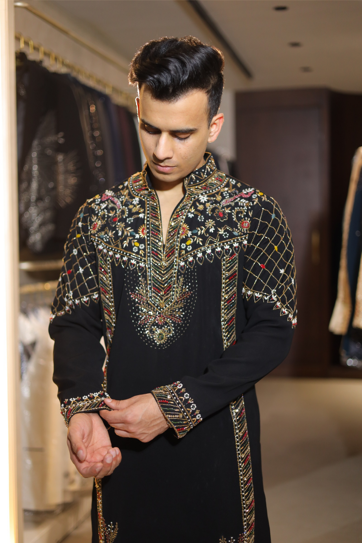 Black Multicolor Hand-Embroidered Jaal Kurta for Men