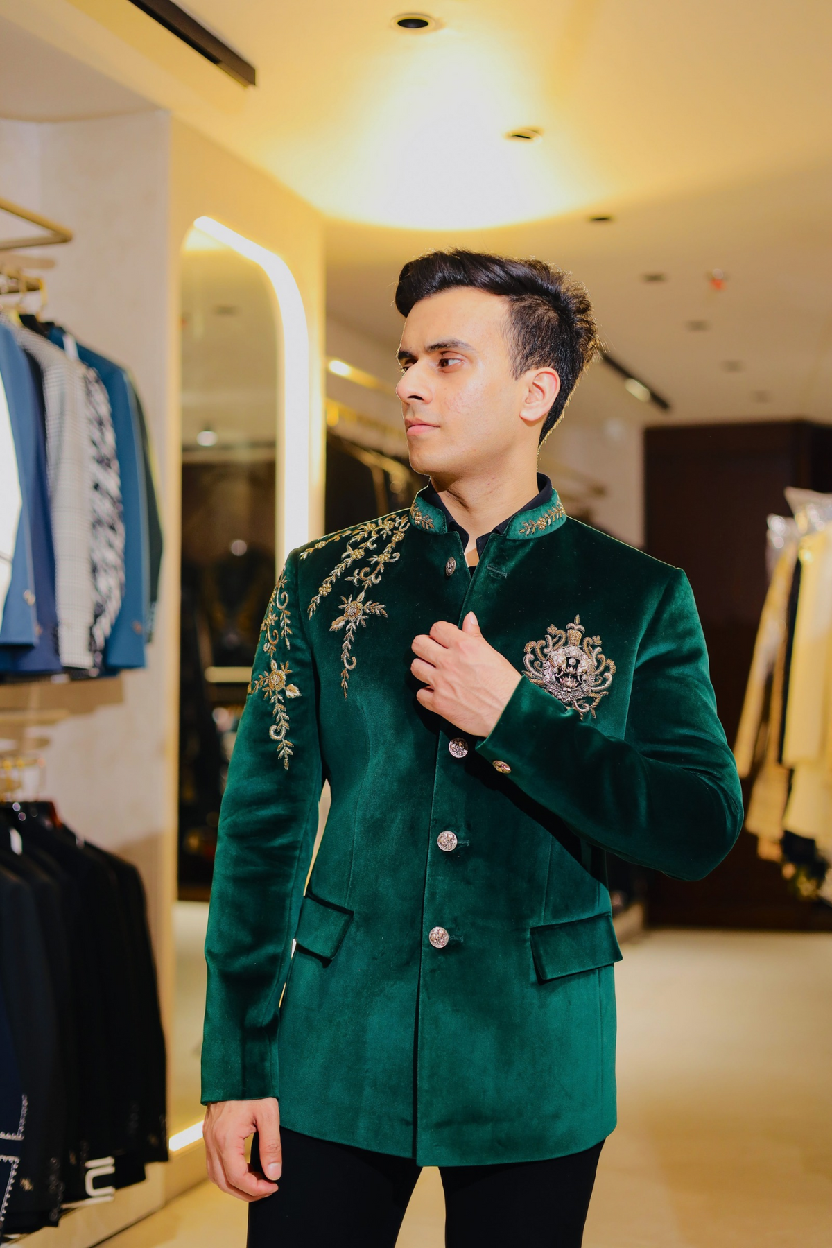 Emerald Green Embroidered Velvet Jodhpuri Bandhgala Coat for Men | Royal Indo-Western Prince Coat