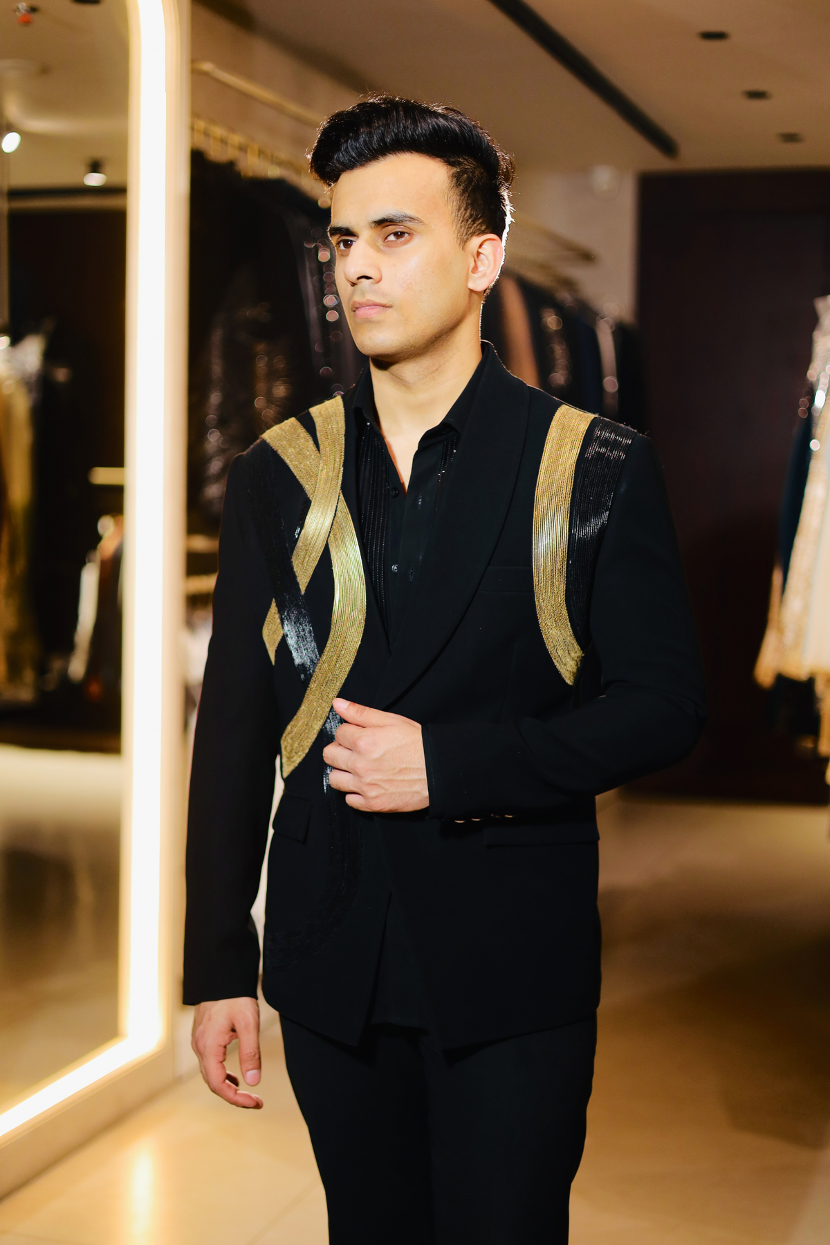 Men’s Black Designer Blazer with Gold Embroidery | Luxury Party & Wedding Wear