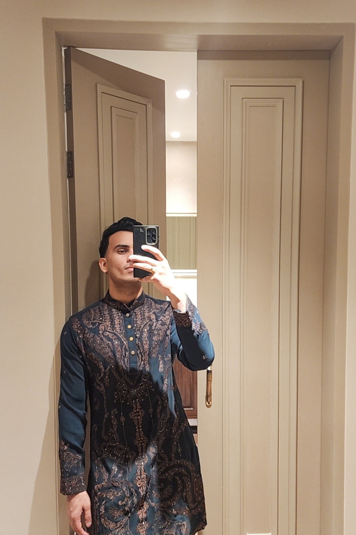 Men’s Navy Blue Printed Kurta | Designer Ethnic Wedding & Festive Wear