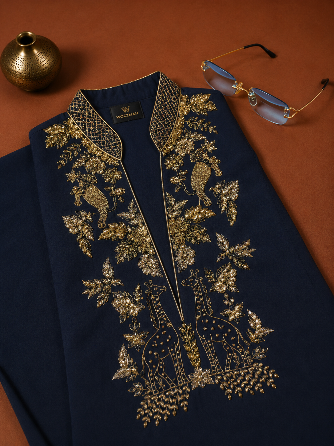 Men’s Navy Blue Embroidered Kurta | Gold Bird & Floral Motif