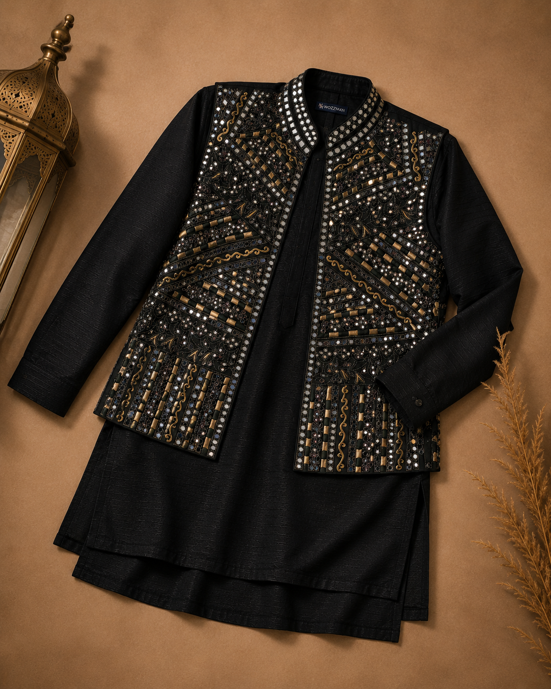 Men's Black Embroidered Kurta with Designer Ethnic Jacket | Festive Wedding Kurta for Men