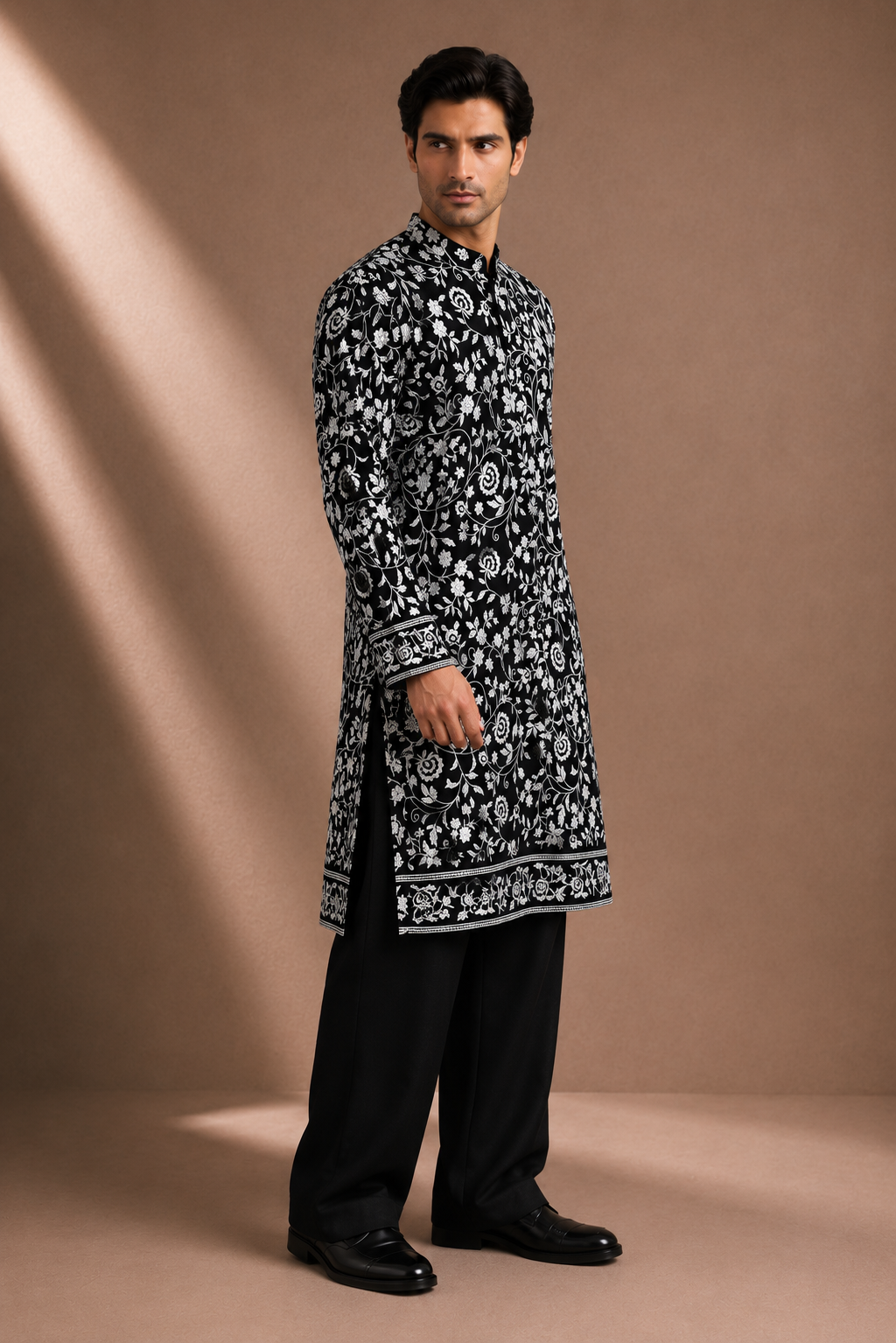 Men's Black Floral Printed Kurta | Premium Ethnic Wear for Festive & Wedding Occasions