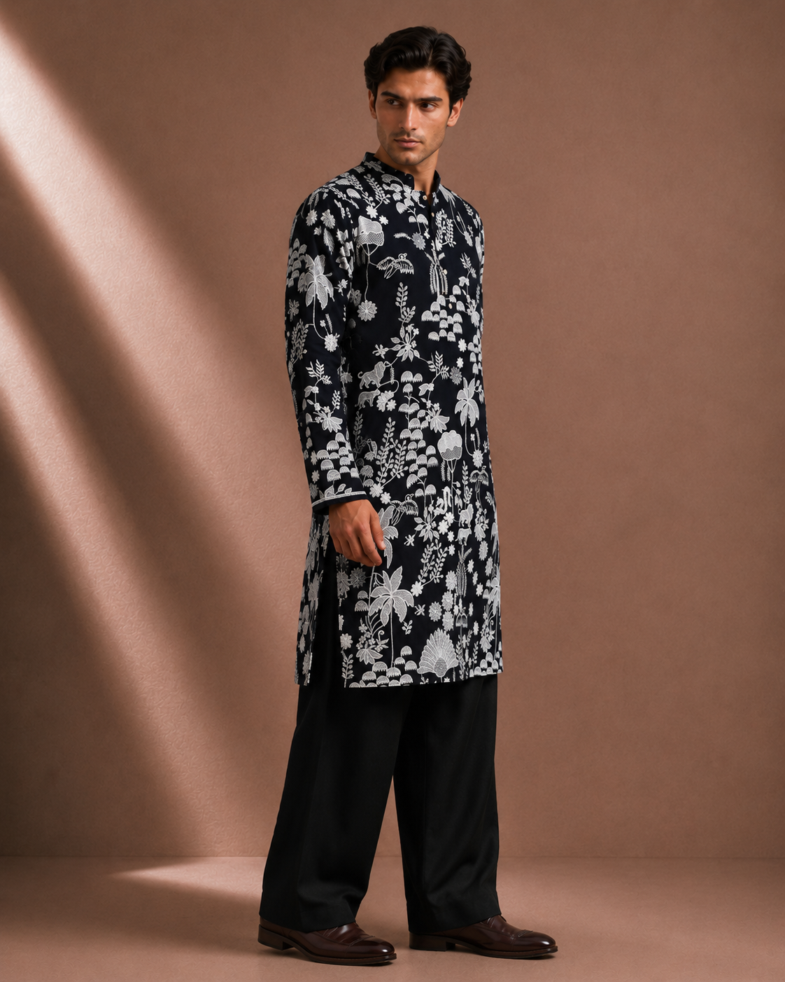 Men's Black Botanical Printed Kurta | Premium Ethnic Kurta for Festive, Wedding & Party Wear