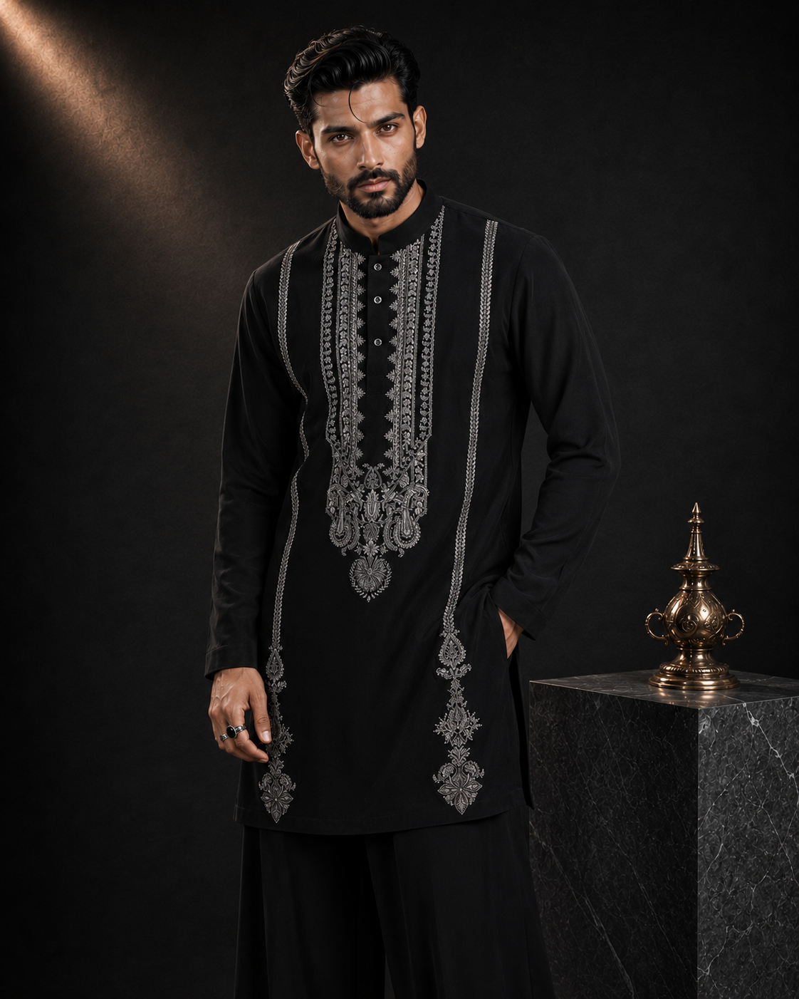 Black Embroidered Buttoned Kurta for Men | Festive & Wedding Wear