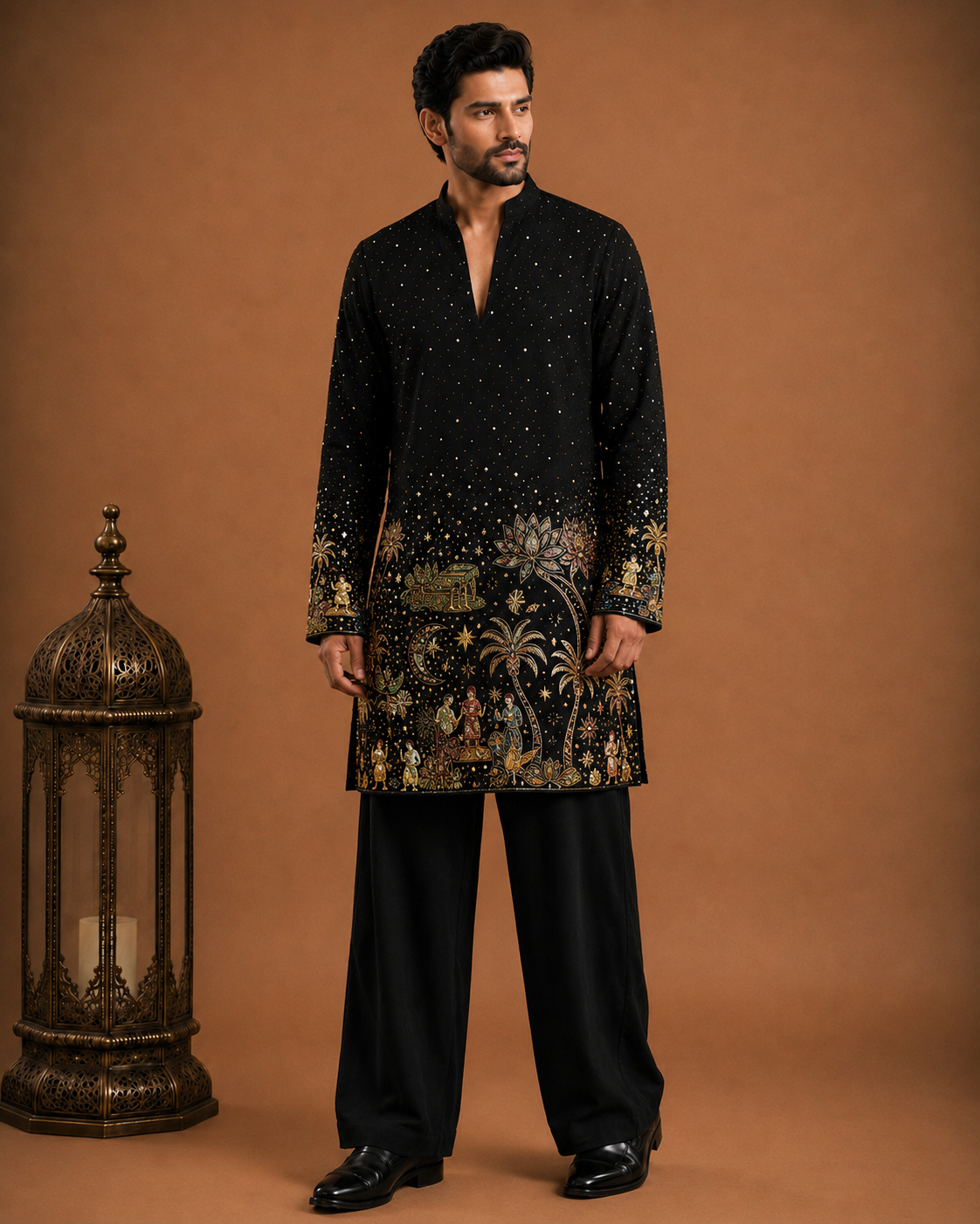 Black Handcrafted Storyteller Embroidered Kurta for Men | Festive & Wedding Party Wear
