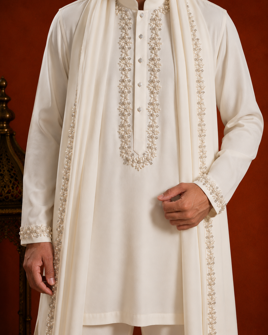 Men’s Ivory Embroidered Kurta with Dupatta | Premium Wedding & Festive Ethnic Wear