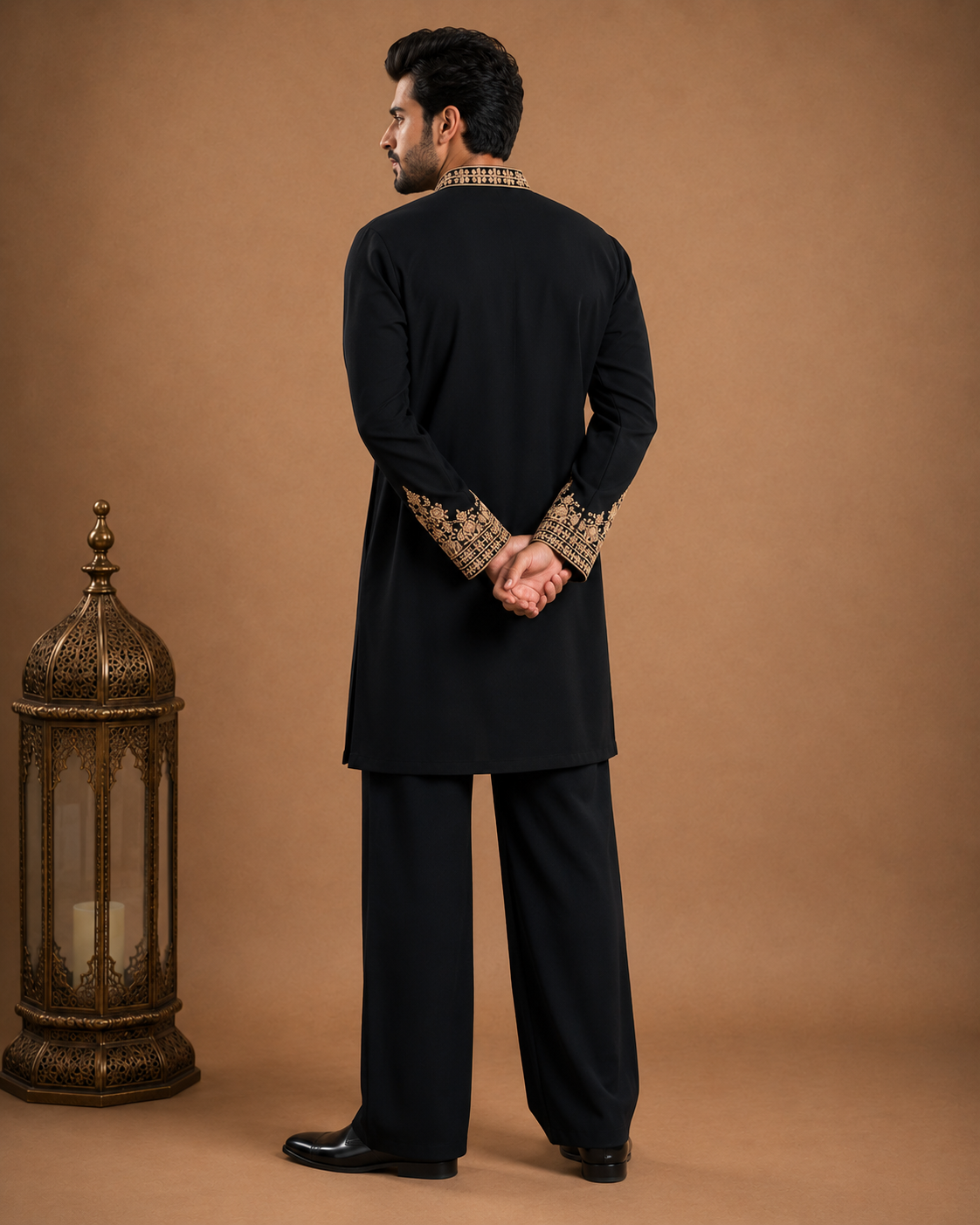 Black Gold Neck-Embroidered Kurta for Men | Festive & Wedding Party Wear