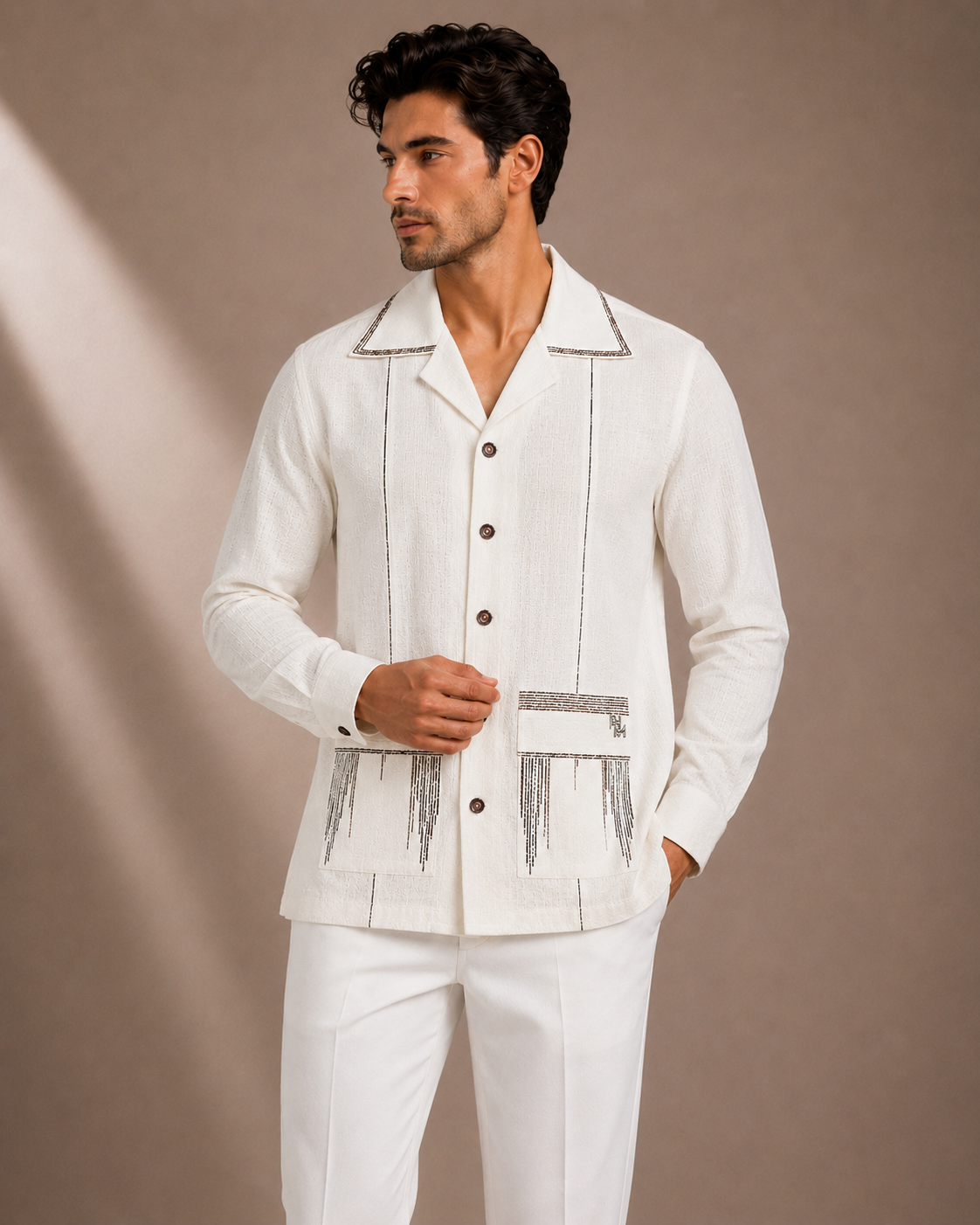 Men's Off White Textured Cuban Collar Shirt | Premium Full Sleeve Designer Casual Party Shirt