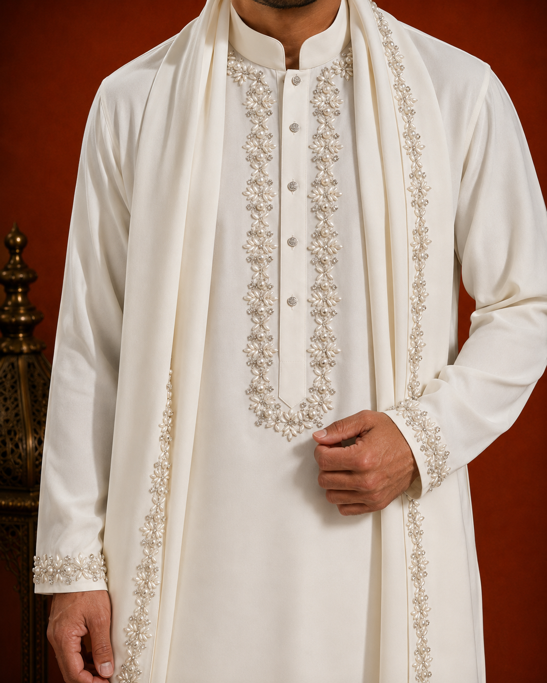 Men’s Ivory Embroidered Kurta with Dupatta | Premium Wedding & Festive Ethnic Wear