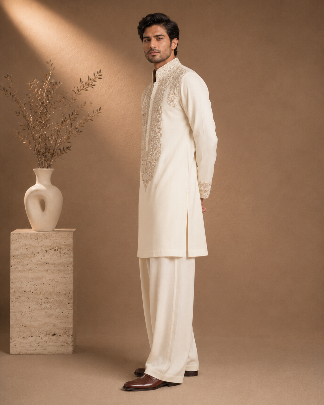 Off-White Tone-on-Tone Embroidered Kurta for Men | Groom & Festive Wedding Wear