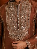 Rust Brown Heavy Mirror Work Embroidered Silk Kurta for Men | Festive & Wedding Wear