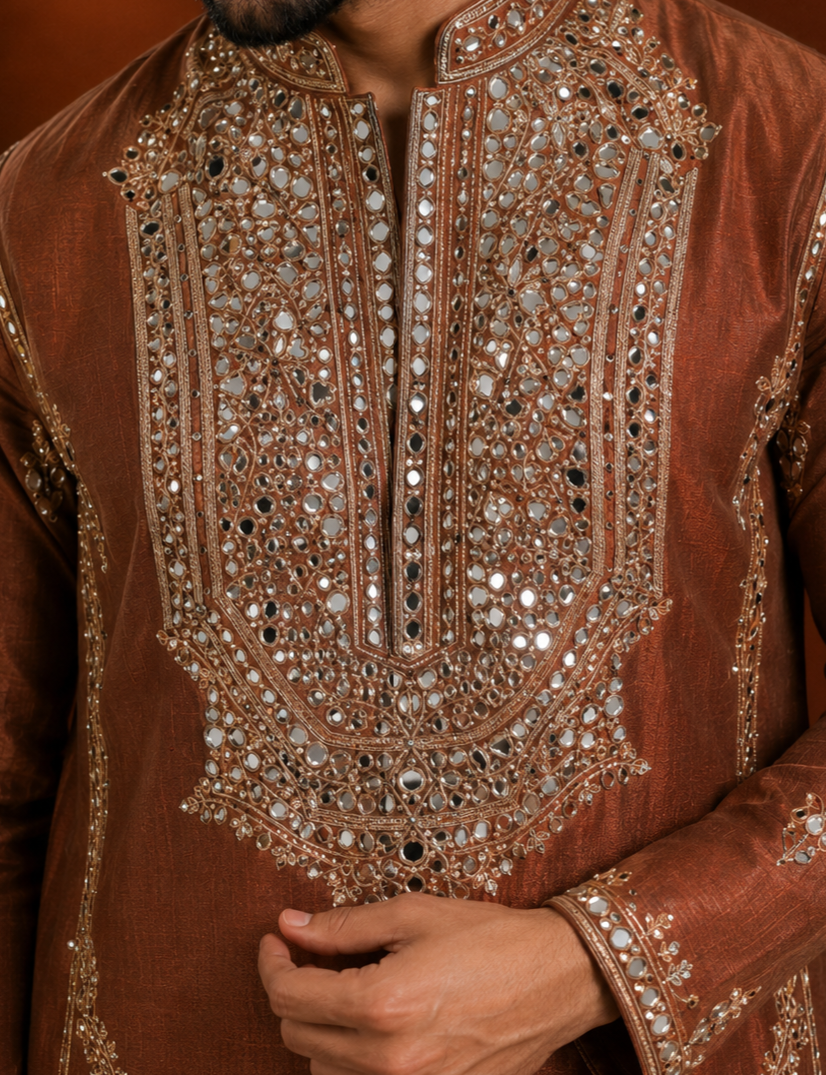 Rust Brown Heavy Mirror Work Embroidered Silk Kurta for Men | Festive & Wedding Wear