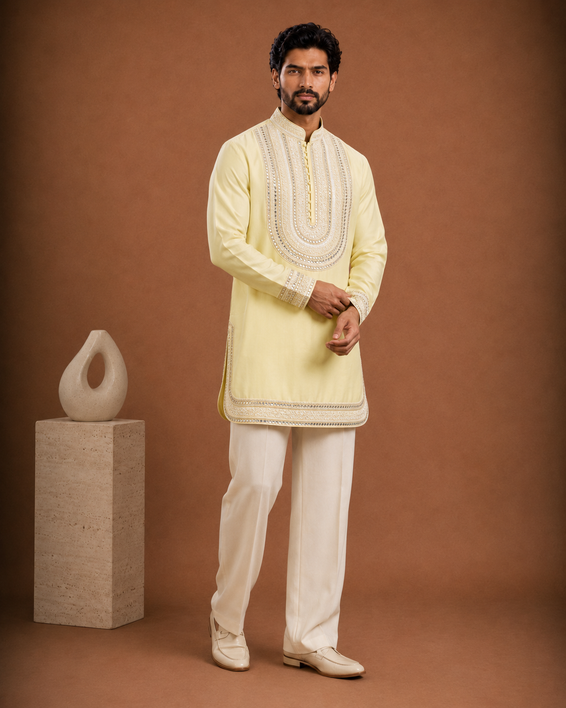 Lemon Yellow Embroidered Short Kurta for Men | Haldi & Festive Wedding Wear