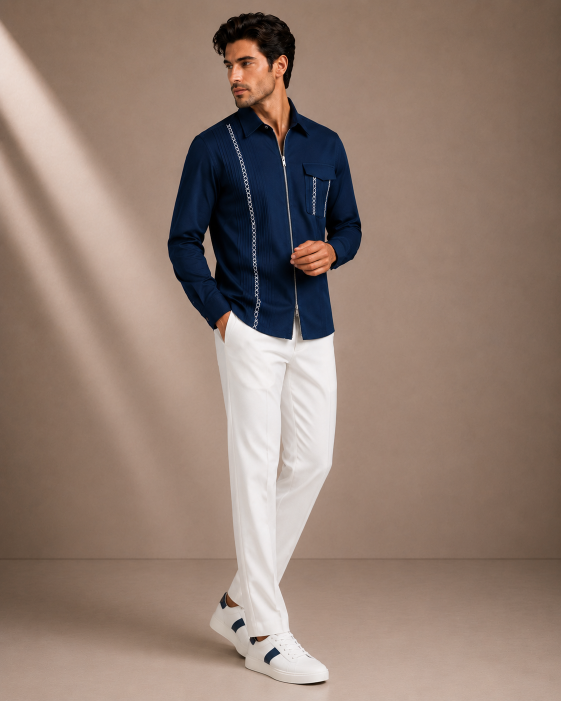 Zip Front Embroidered Premium Navy Blue Shirt