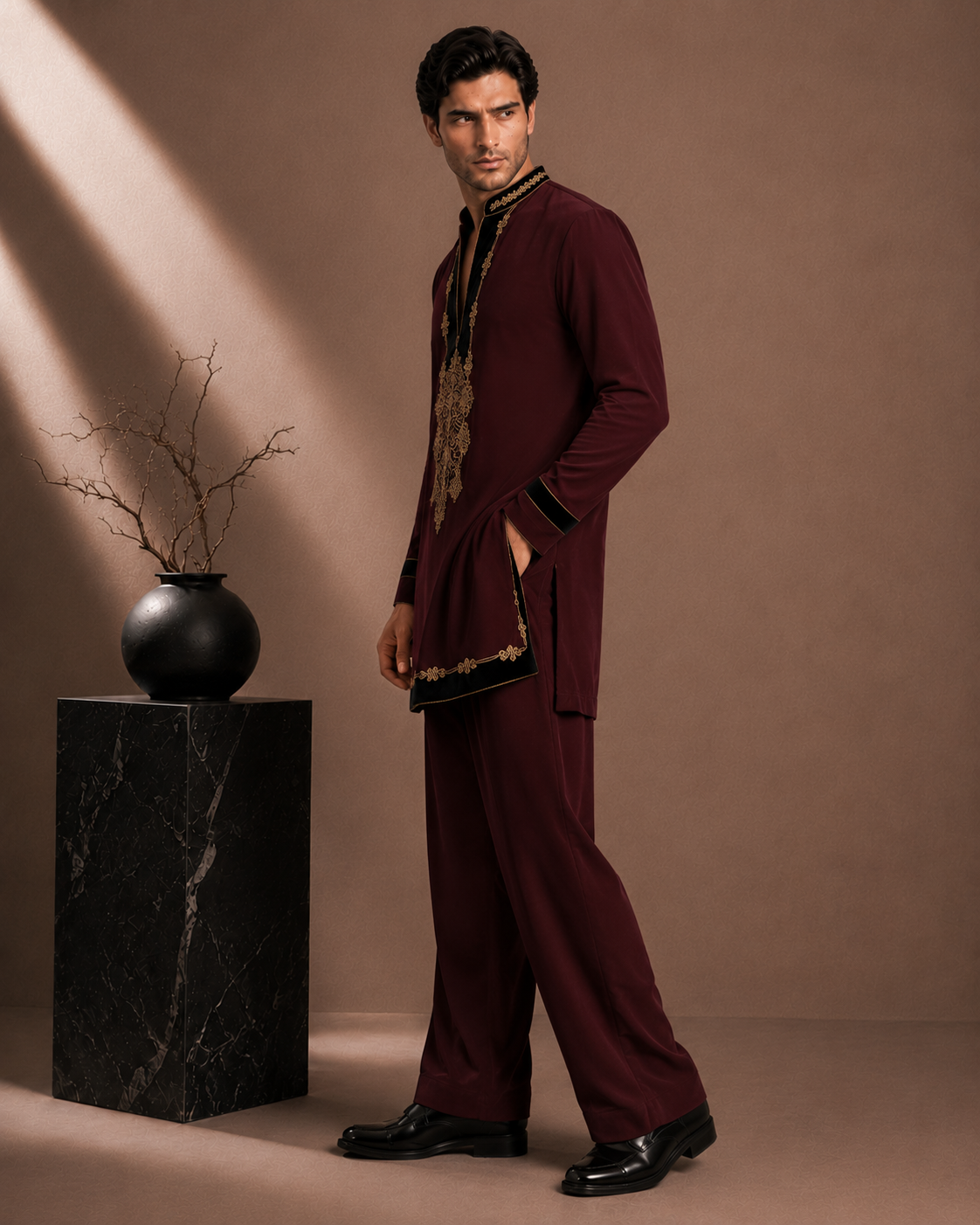 Burgundy Velvet Gold Embroidered Short Kurta for Men | Festive & Wedding Party Wear