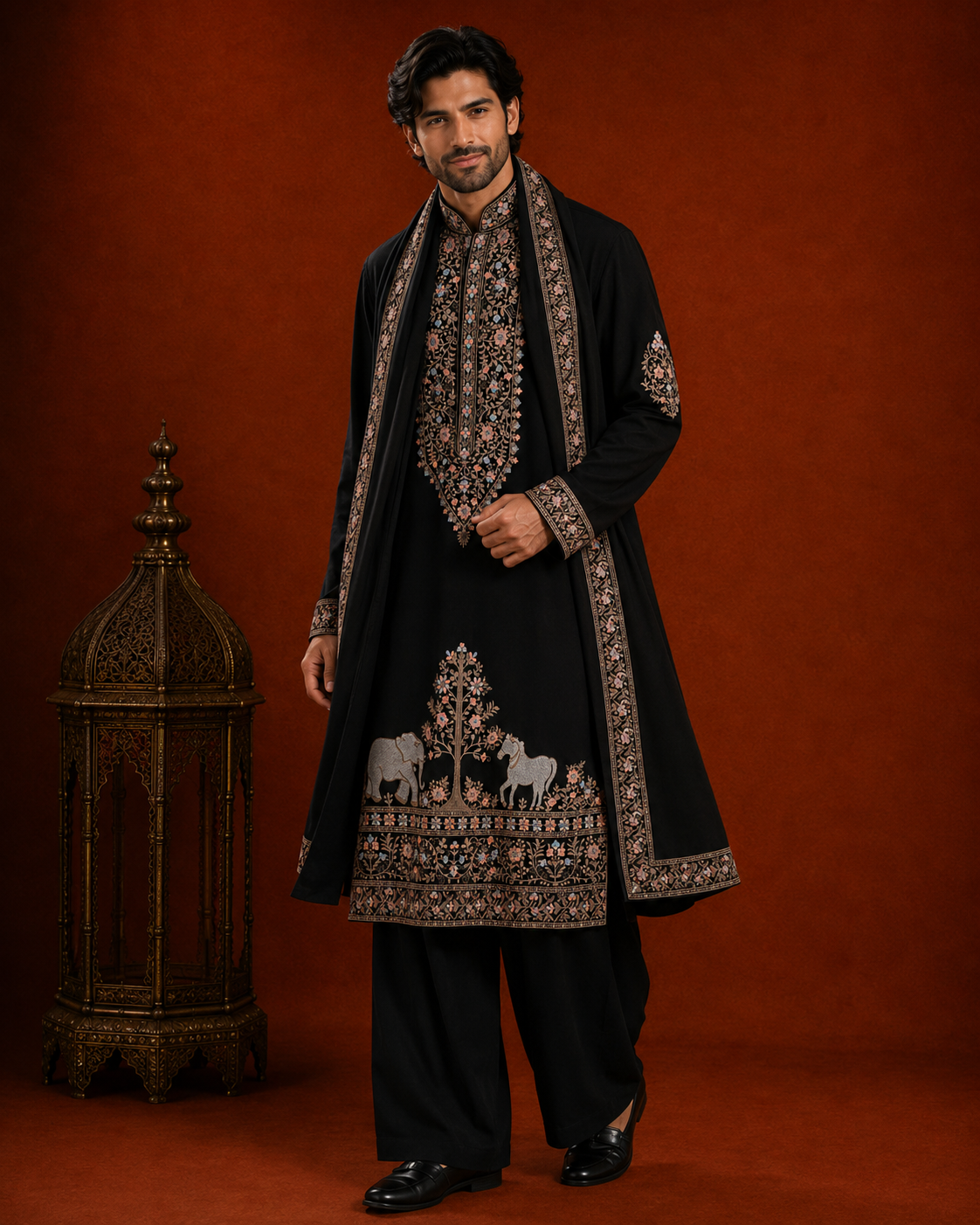 Men’s Black Embroidered Kurta with Printed Jacket & Dupatta | Premium Ethnic Wedding Wear