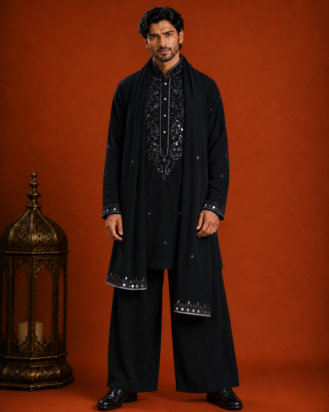 Men’s Black Embroidered Kurta with Dupatta | Premium Wedding & Festive Ethnic Wear
