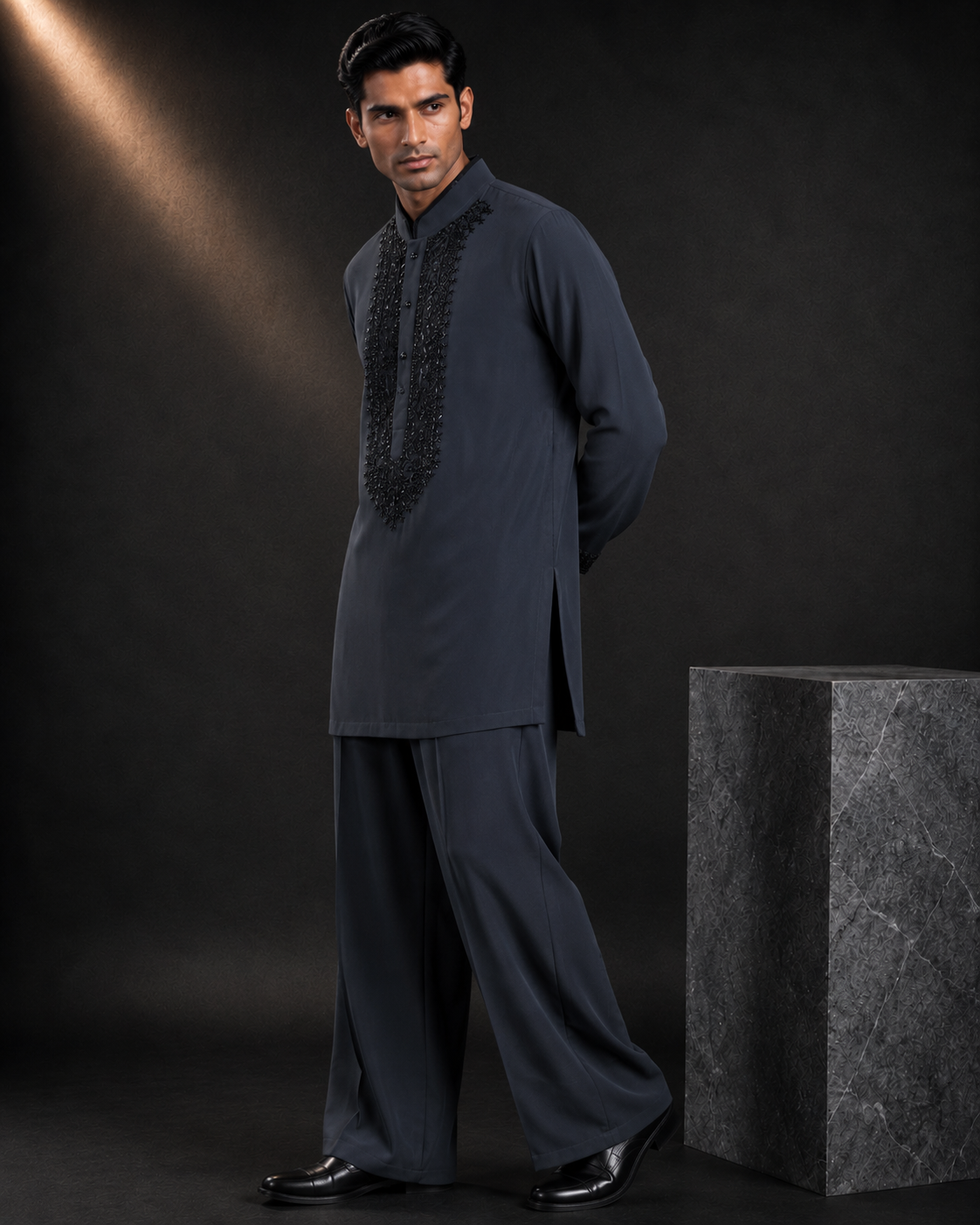 Men’s Charcoal Grey Embroidered Kurta | Mandarin Collar Festive Wear