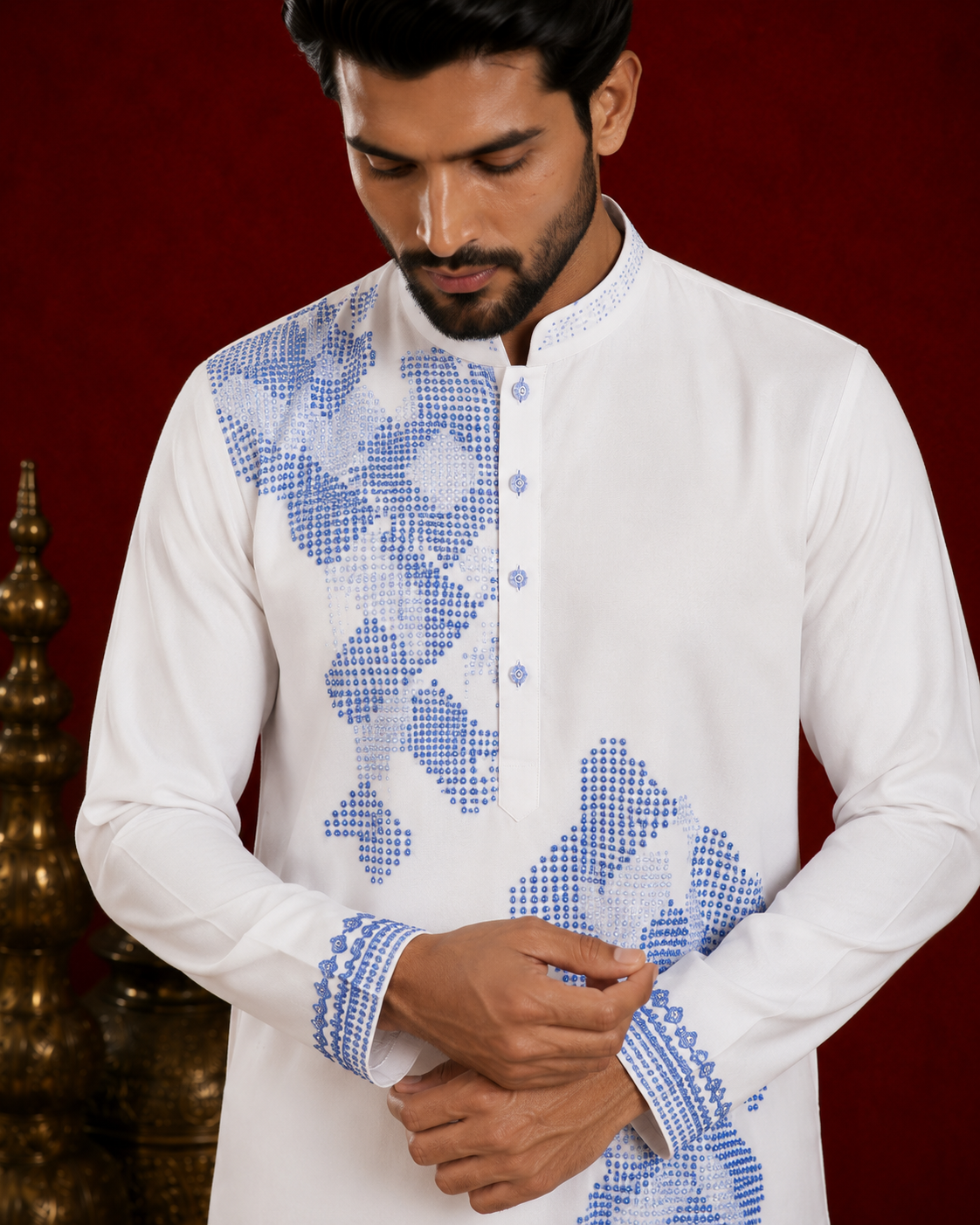 White Blue Geometric Embroidered Kurta for Men | Modern Festive & Occasion Wear