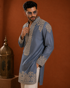 Slate Blue Embroidered Kurta for Men | Festive & Wedding Wear