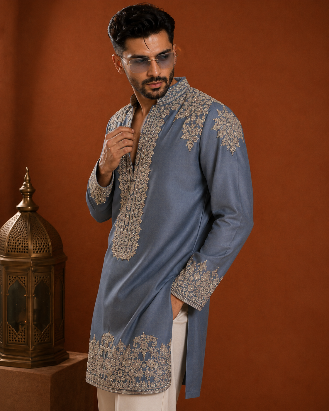 Slate Blue Embroidered Kurta for Men | Festive & Wedding Wear