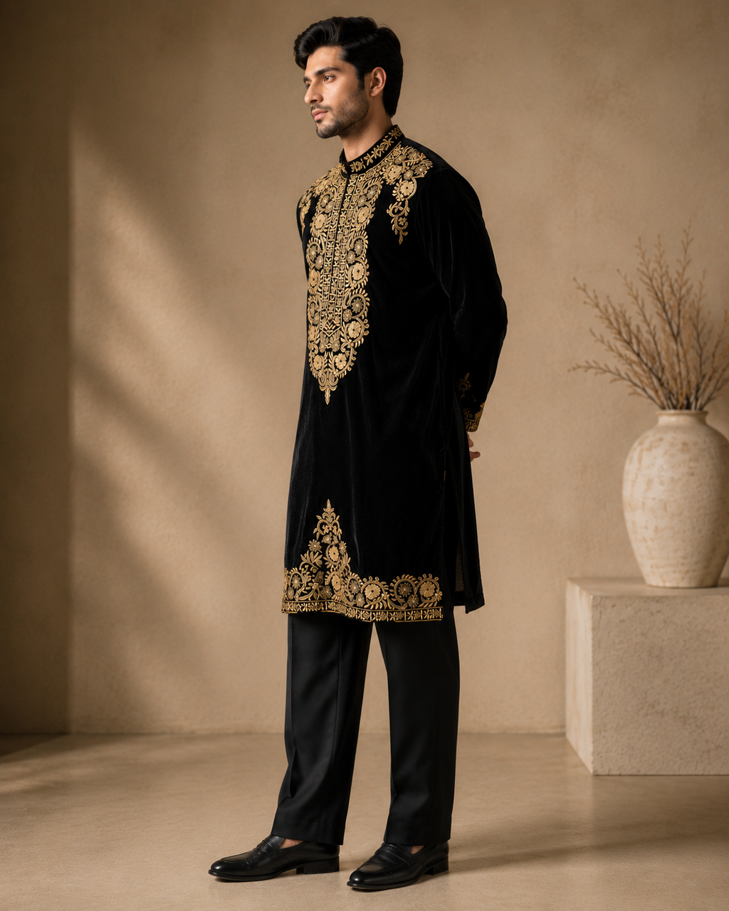 Black Velvet Antique Gold Embroidered Kurta for Men | Festive & Wedding Party Wear