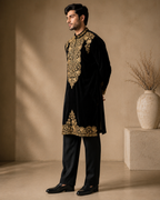 Black Velvet Antique Gold Embroidered Kurta for Men | Festive & Wedding Party Wear