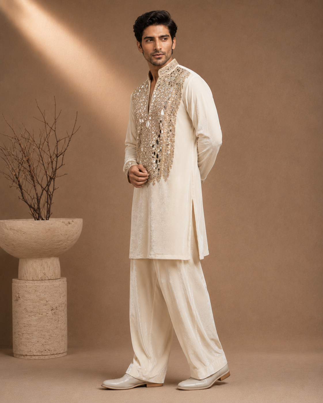 Ivory Velvet Heavy Mirror & Thread Embroidered Kurta for Men | Groom & Wedding Festive Wear
