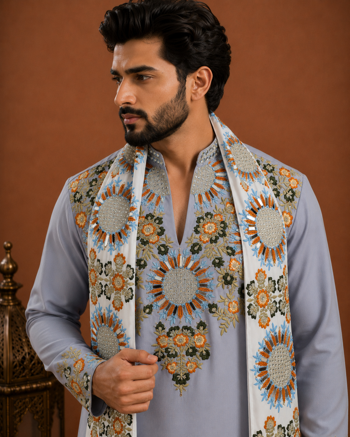 Men’s Light Blue Embroidered Kurta with Floral Stole | Premium Festive & Wedding Wear