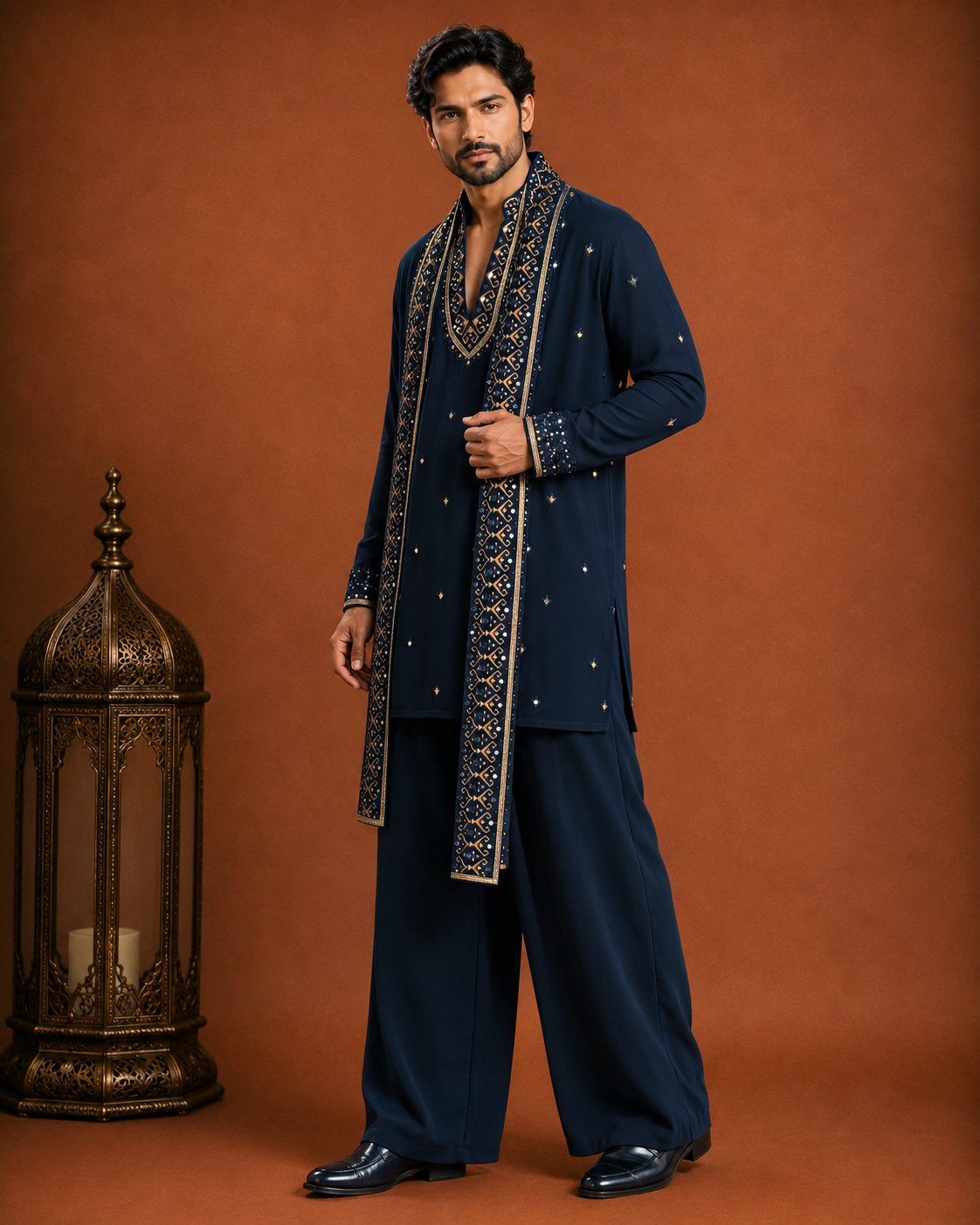Men’s Navy Blue Embroidered Kurta with Dupatta | Premium Wedding & Festive Wear