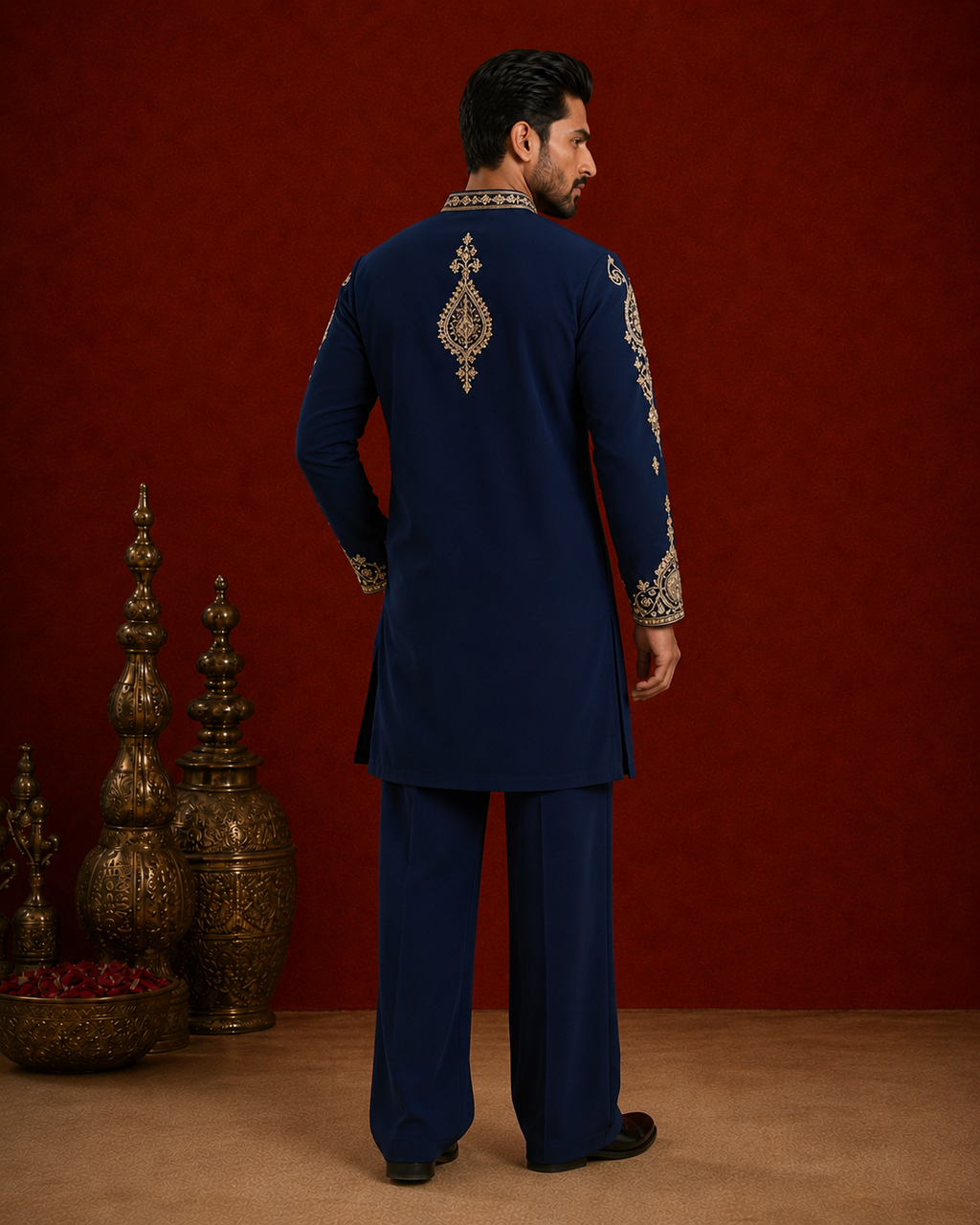 Navy Blue Heavy Gold Embroidered Kurta for Men | Festive & Wedding Party Wear