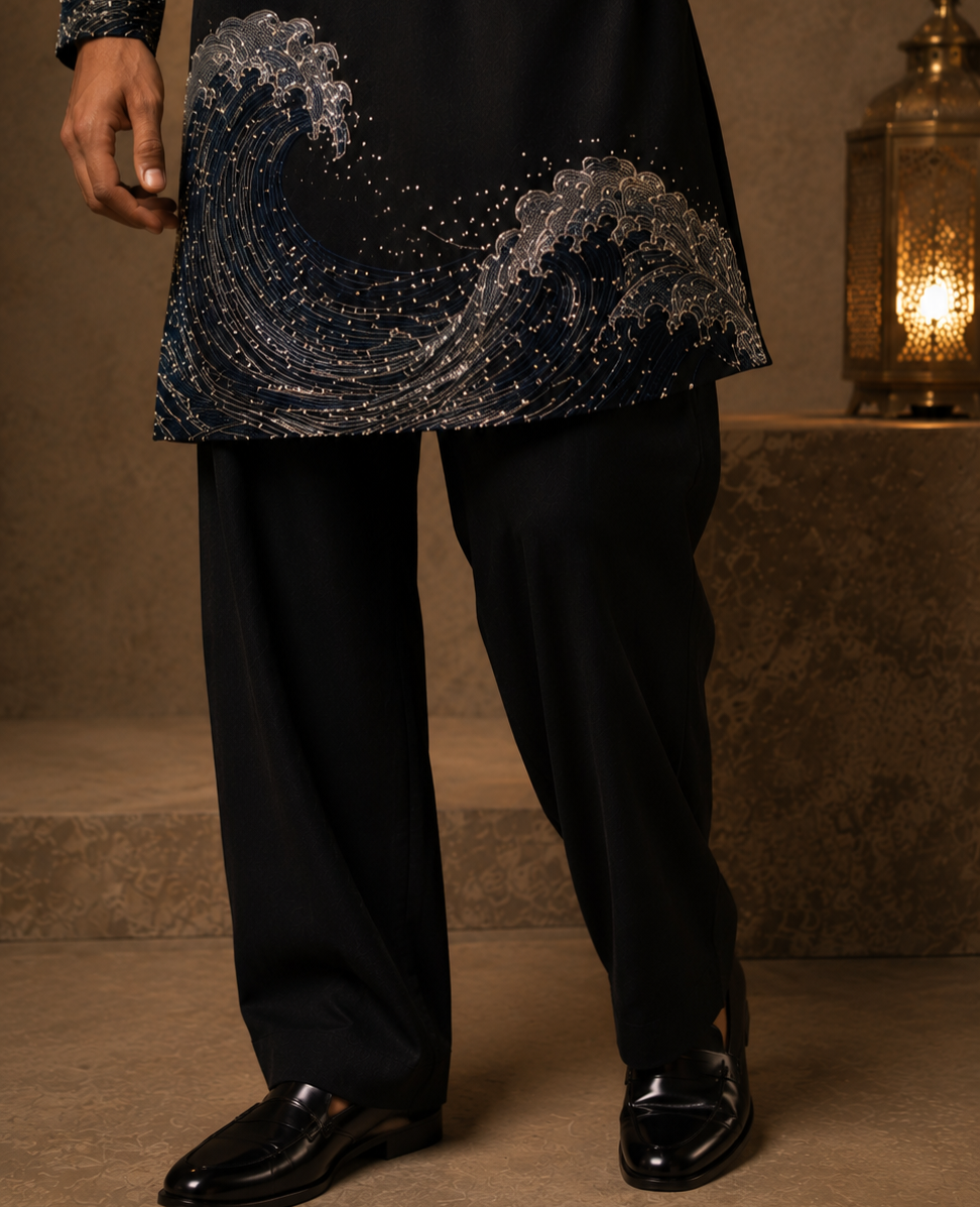 Black Oceanic Wave Hand-Embroidered Kurta for Men | Designer Festive & Party Wear