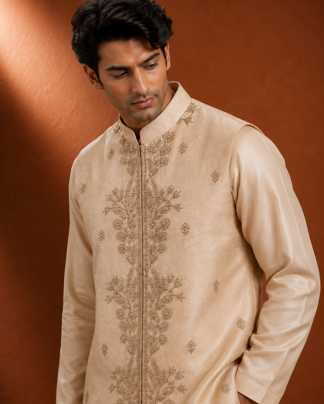 Men's Beige Embroidered Kurta with Embroidered Jacket