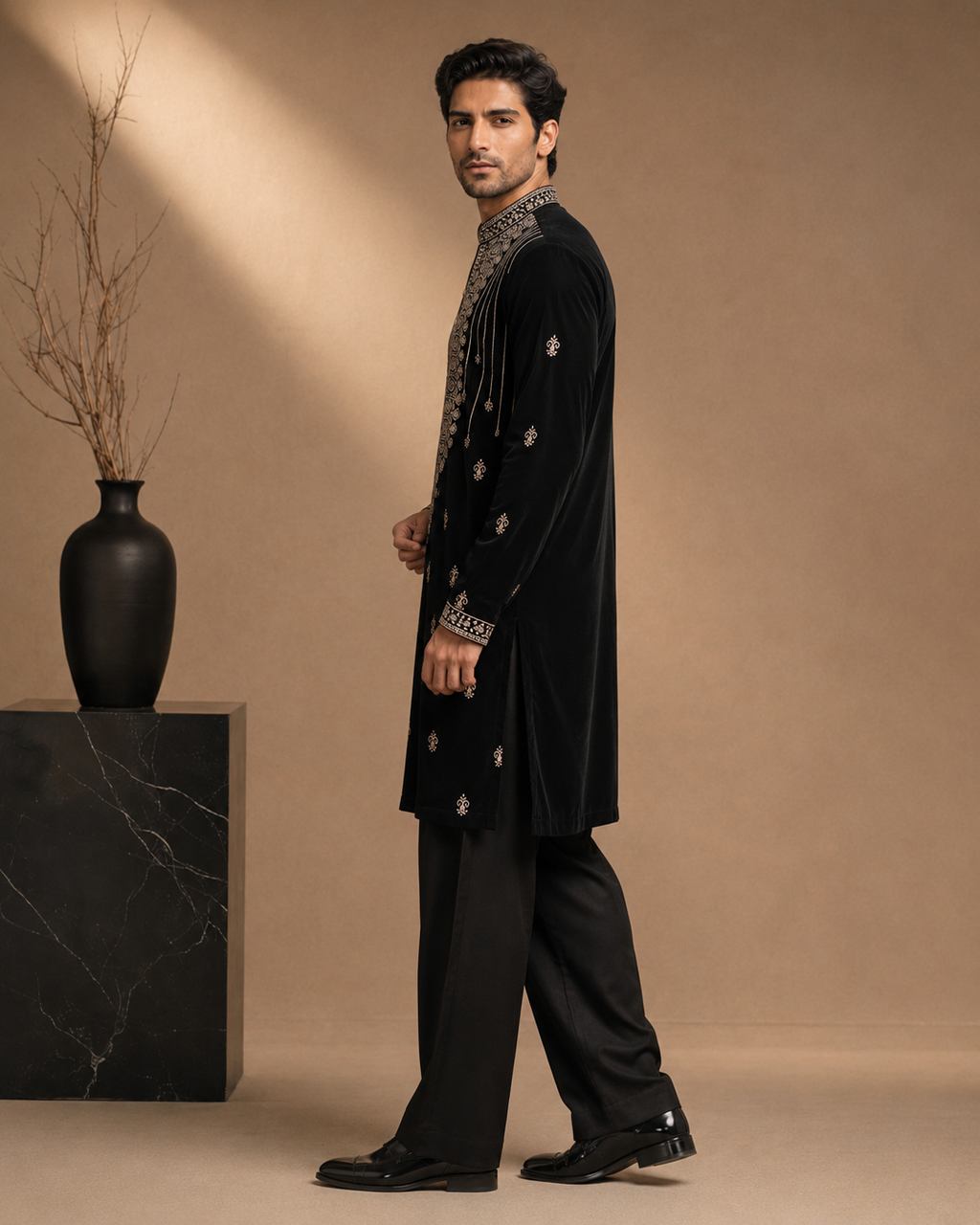 Black Velvet Silver Embroidered Kurta for Men | Festive & Wedding Party Wear
