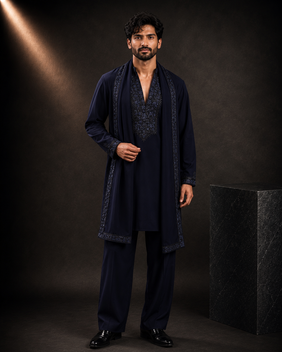 Men's Navy Blue Embroidered Kurta with Designer Open Jacket | Premium Festive Ethnic Wear